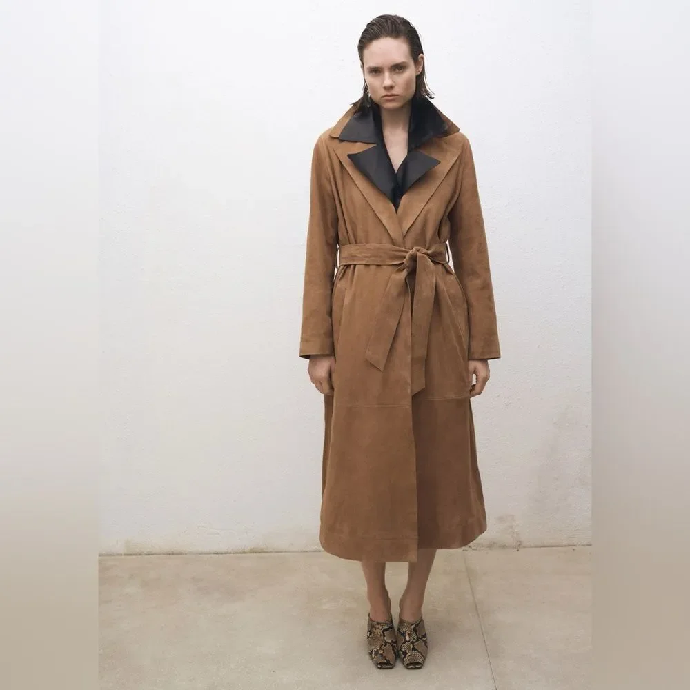 Mango 100% Genuine Suede Trench Coat New - Picture 2 of 9